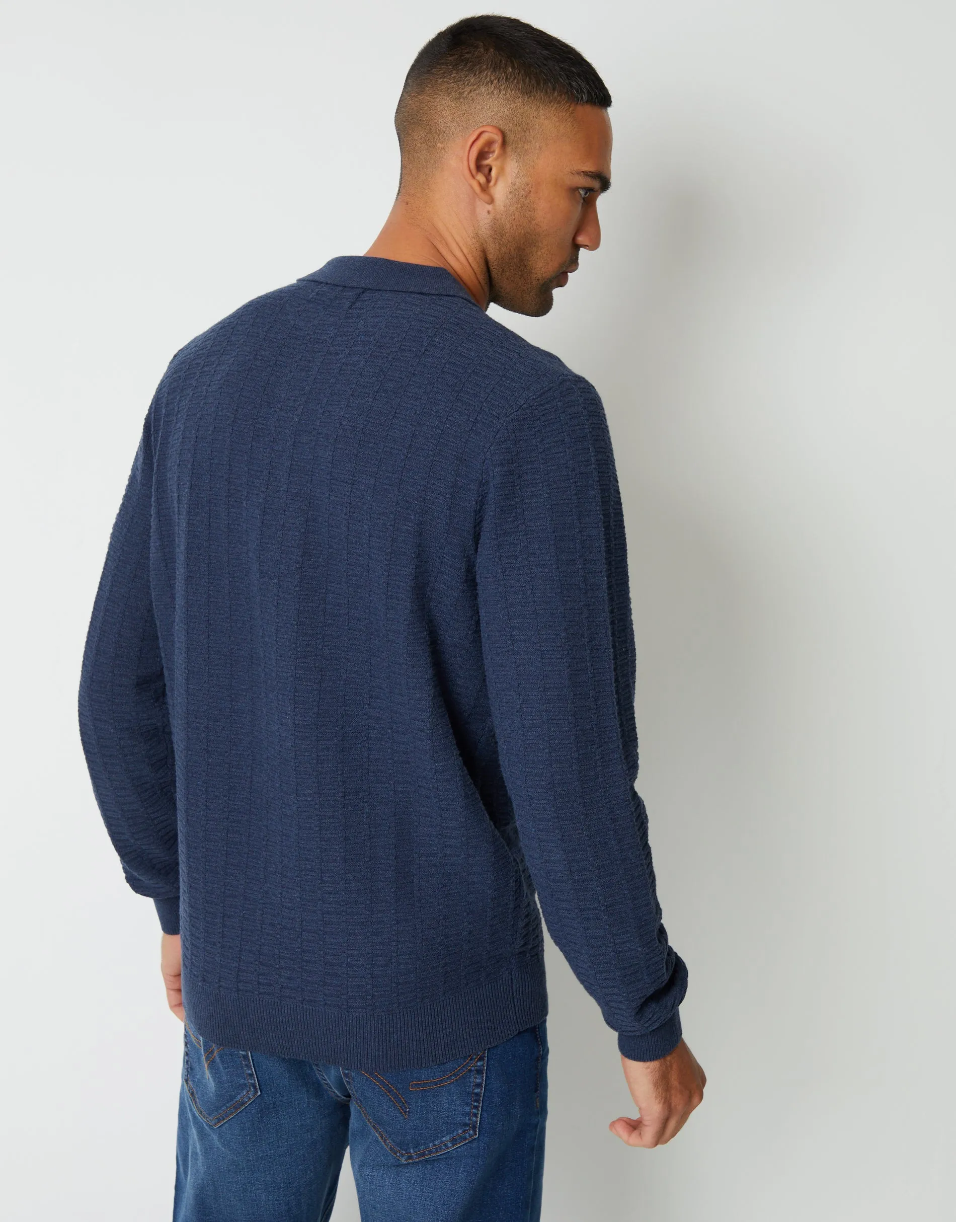 Men's Denim Blue Long Sleeve Textured Knitted Polo Jumper