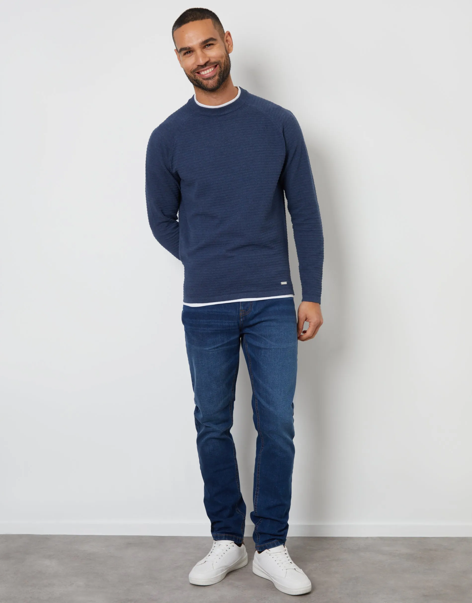 Men's Denim Blue Textured Raglan Mock T-Shirt Crew Neck Jumper