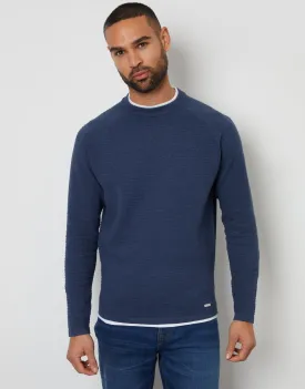 Men's Denim Blue Textured Raglan Mock T-Shirt Crew Neck Jumper