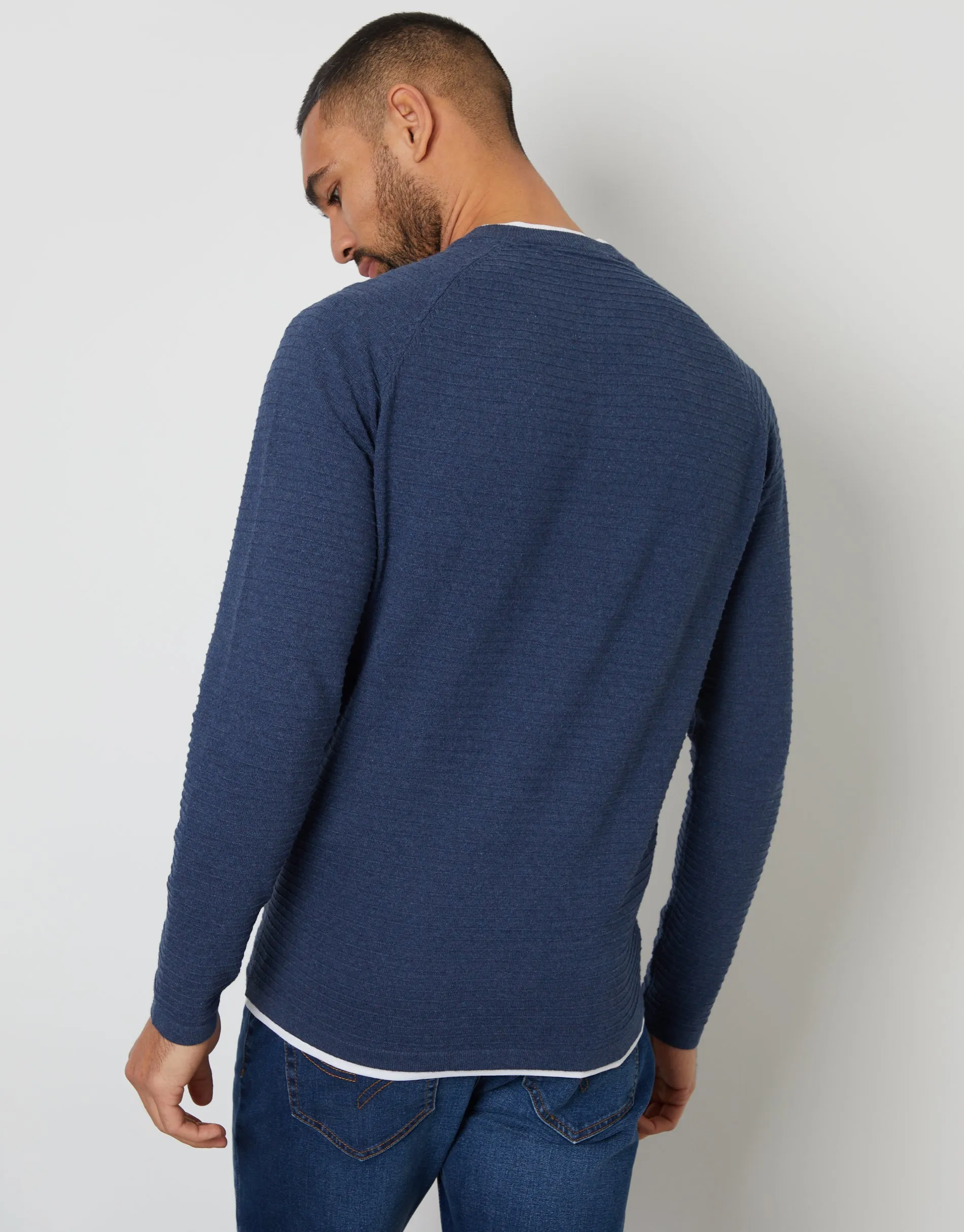 Men's Denim Blue Textured Raglan Mock T-Shirt Crew Neck Jumper