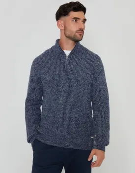 Men's Denim Blue Waffle Knit Quarter Zip Jumper