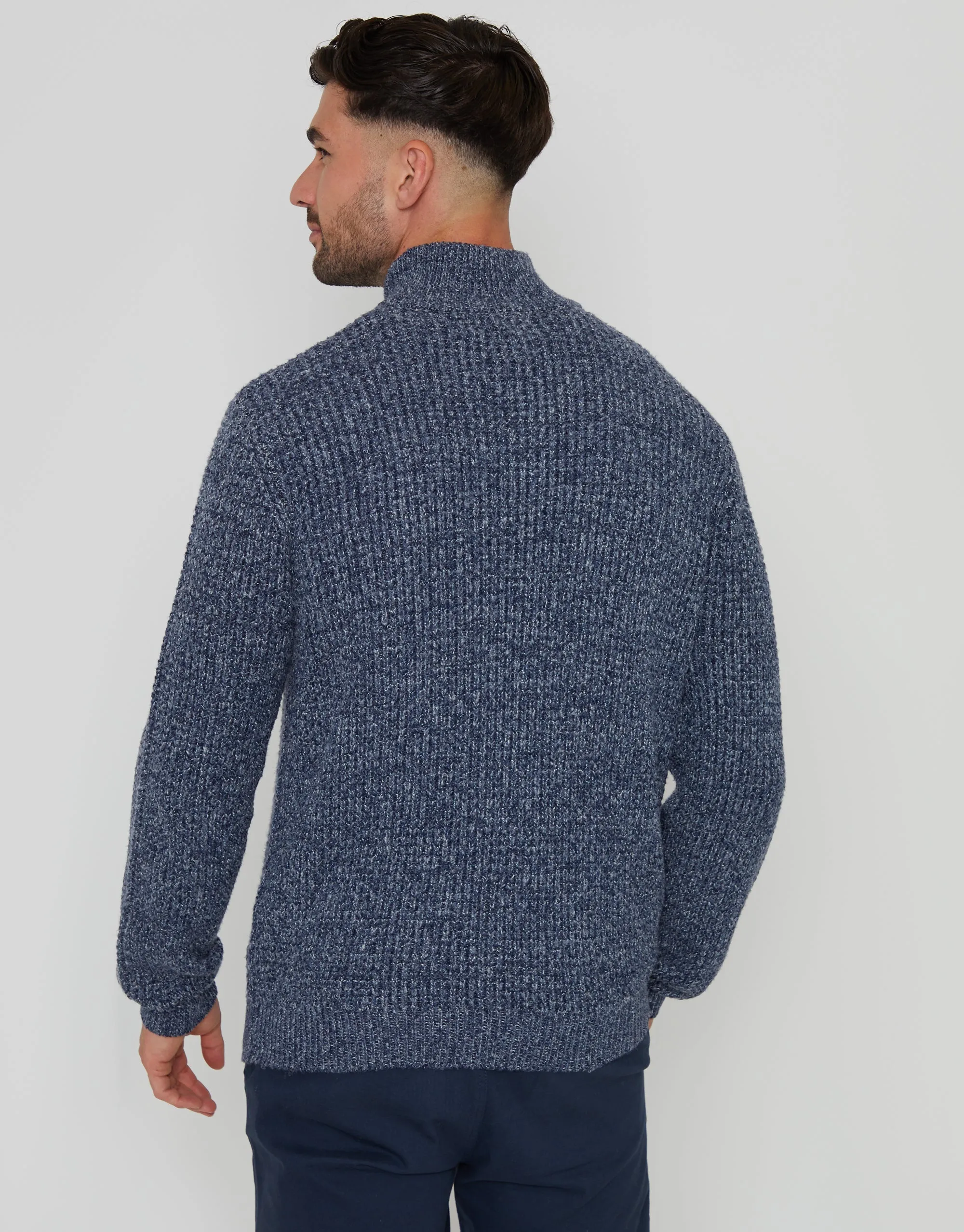 Men's Denim Blue Waffle Knit Quarter Zip Jumper