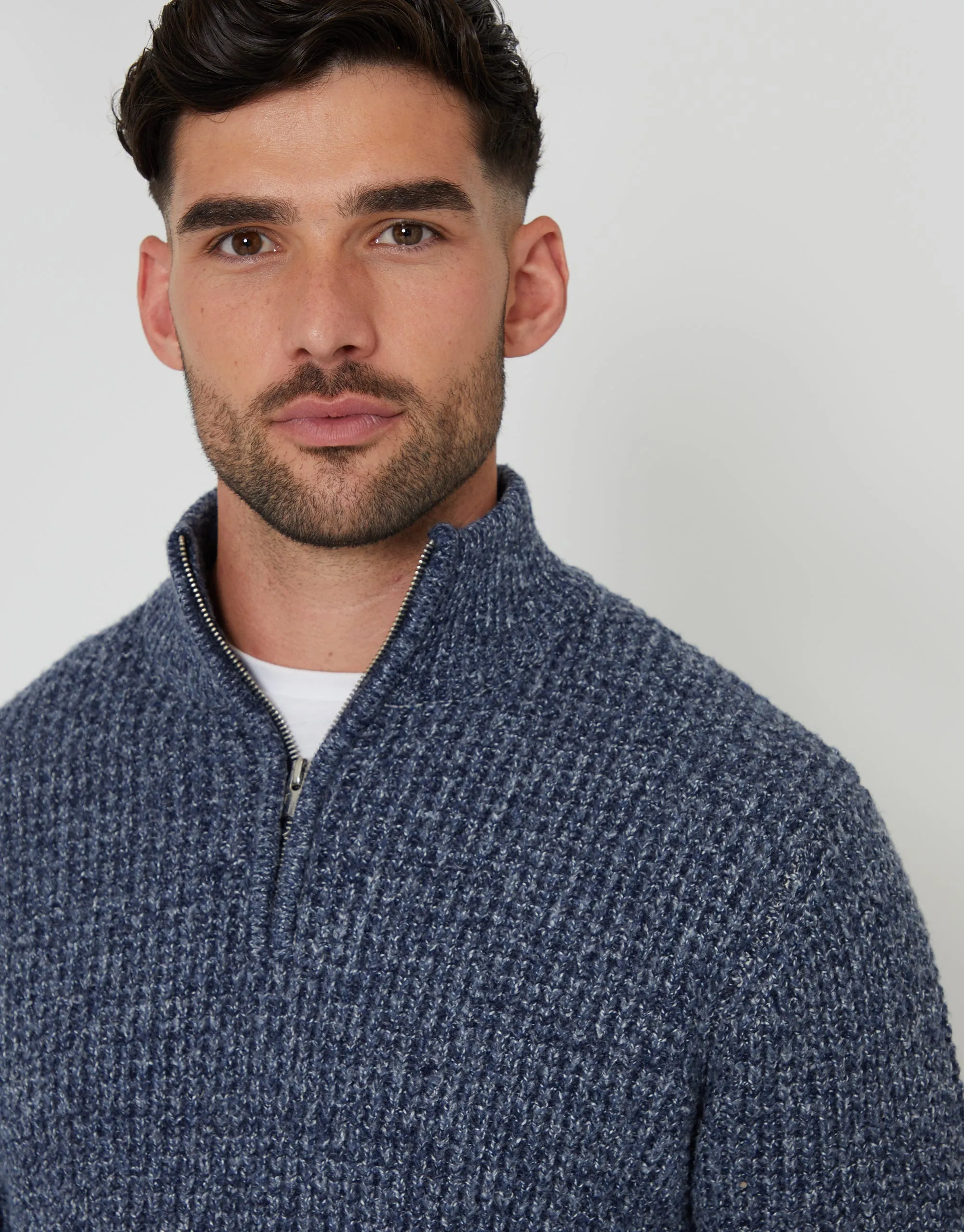 Men's Denim Blue Waffle Knit Quarter Zip Jumper