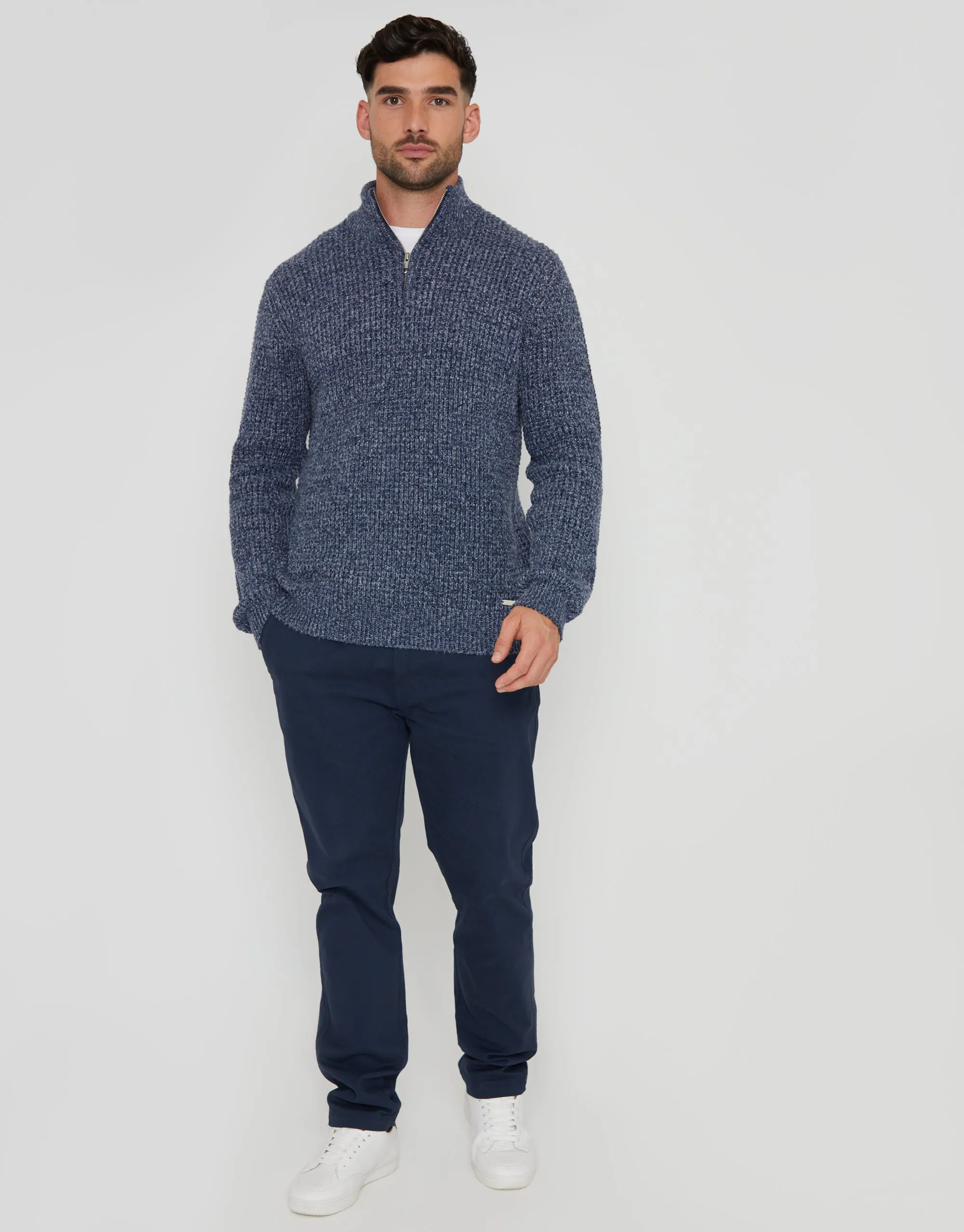 Men's Denim Blue Waffle Knit Quarter Zip Jumper