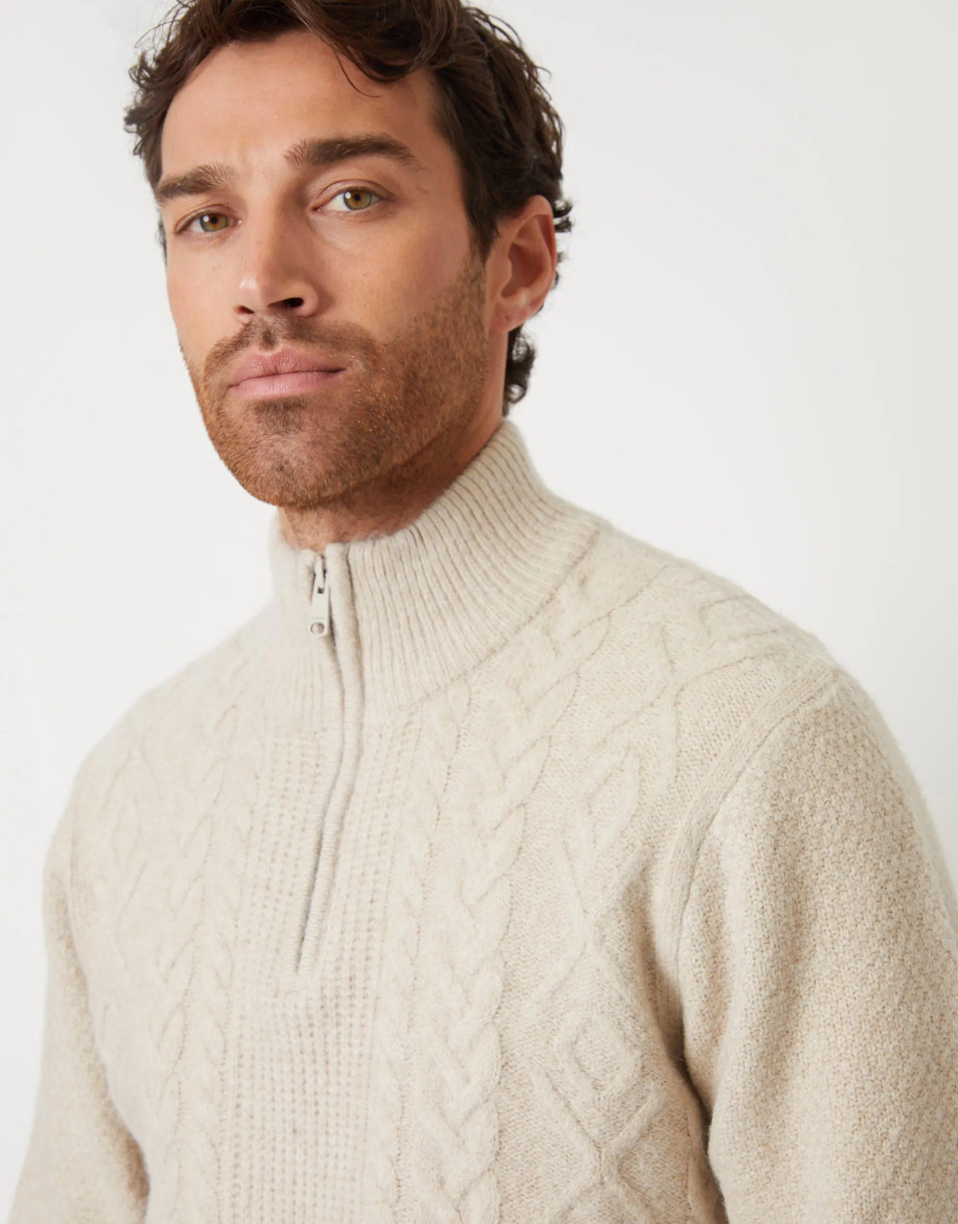 Men's Ecru Cable Knit Detail Quarter Zip Jumper