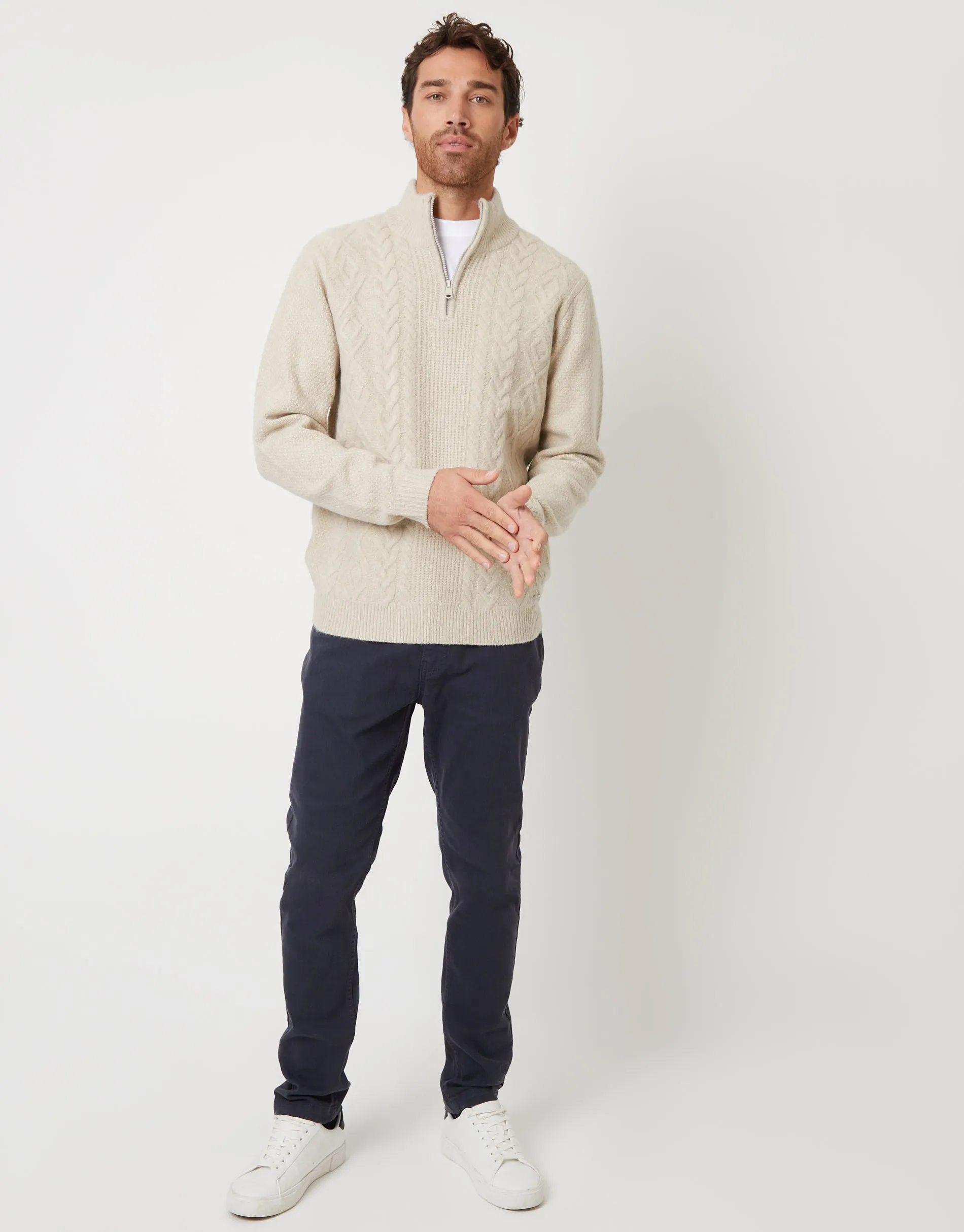 Men's Ecru Cable Knit Detail Quarter Zip Jumper