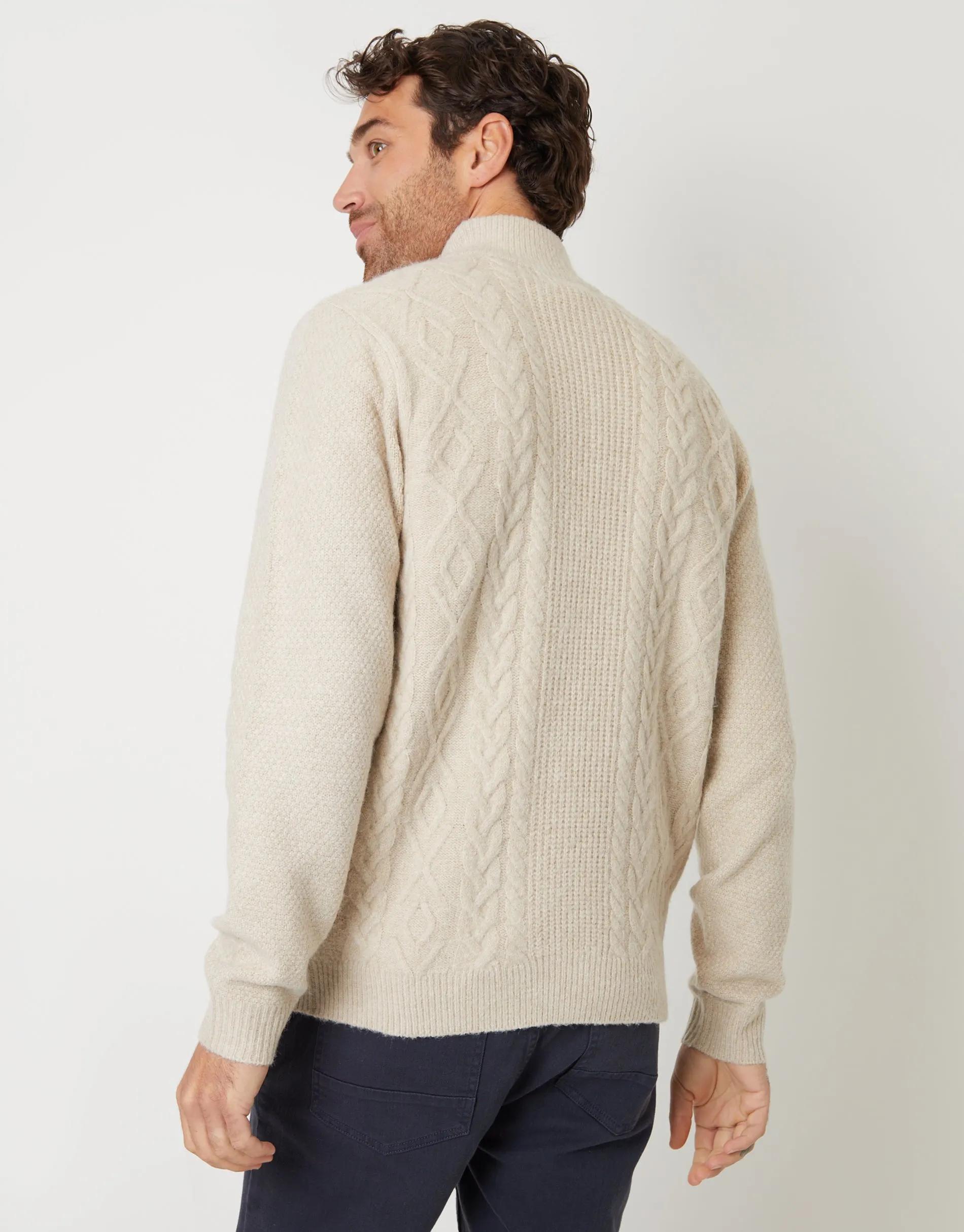 Men's Ecru Cable Knit Detail Quarter Zip Jumper