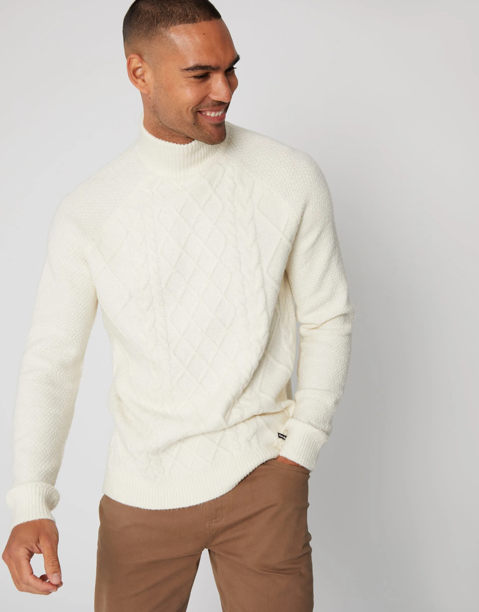 Men's Ecru Cable Knit Turtle Neck Jumper