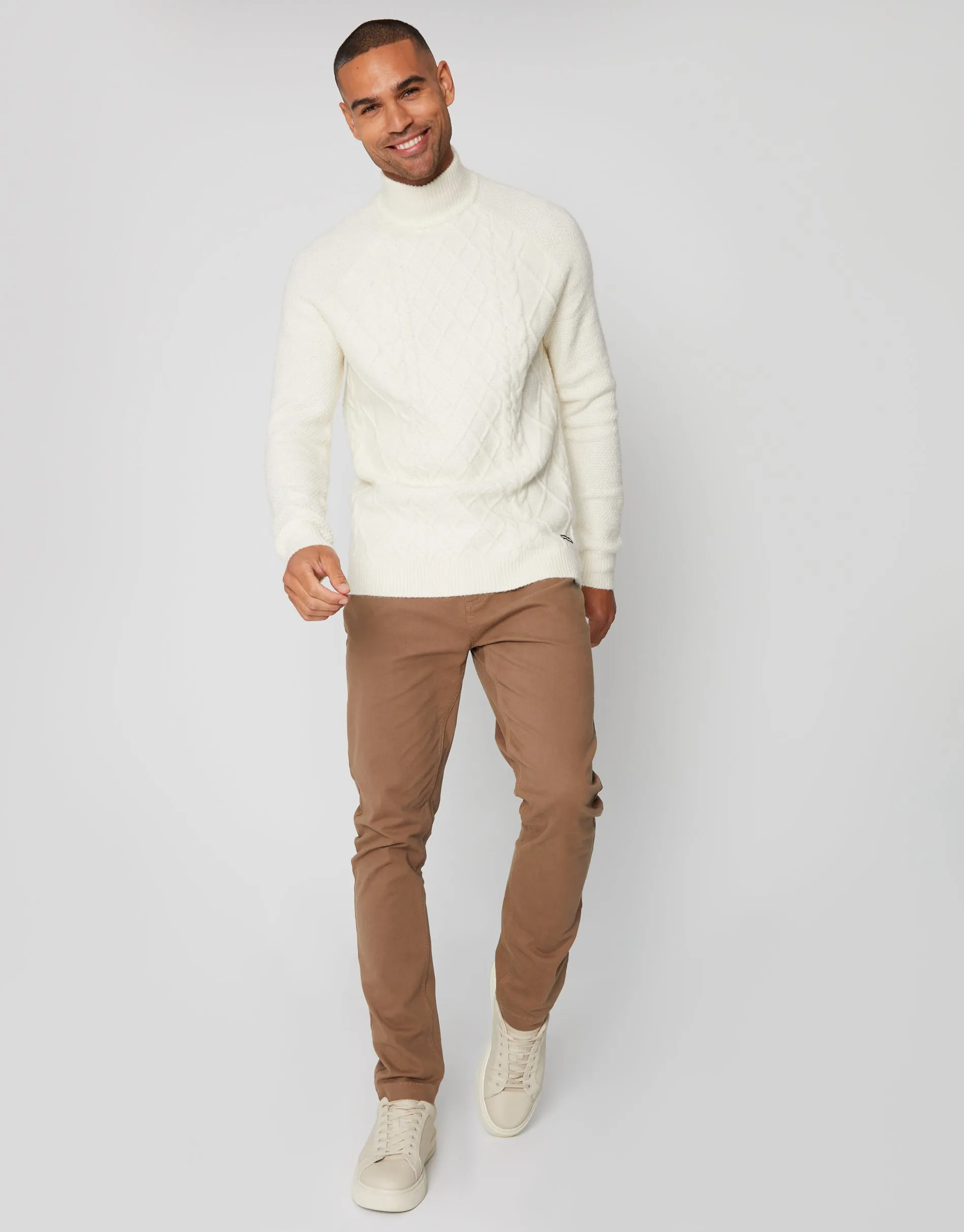 Men's Ecru Cable Knit Turtle Neck Jumper