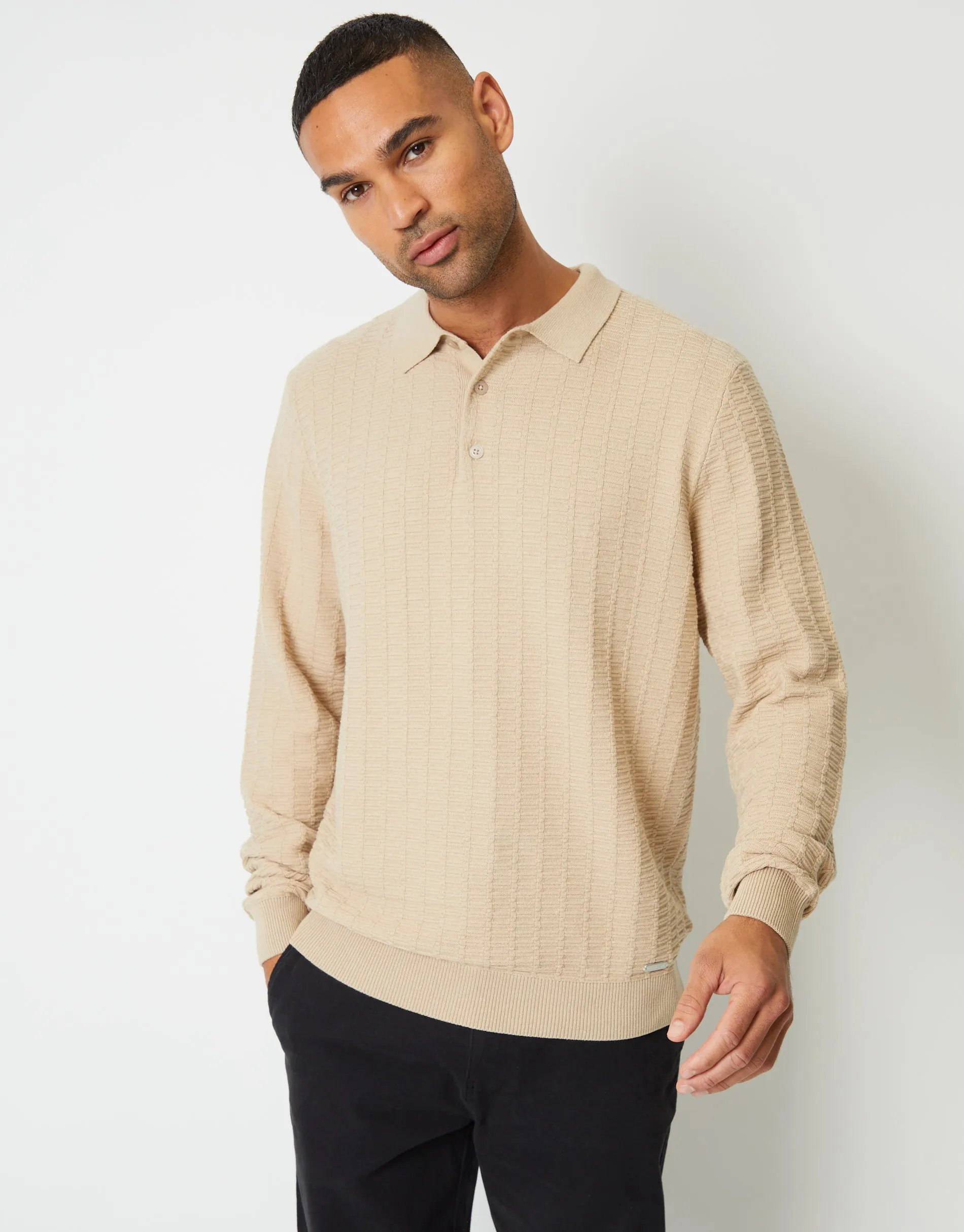 Men's Ecru Long Sleeve Textured Knitted Polo Jumper