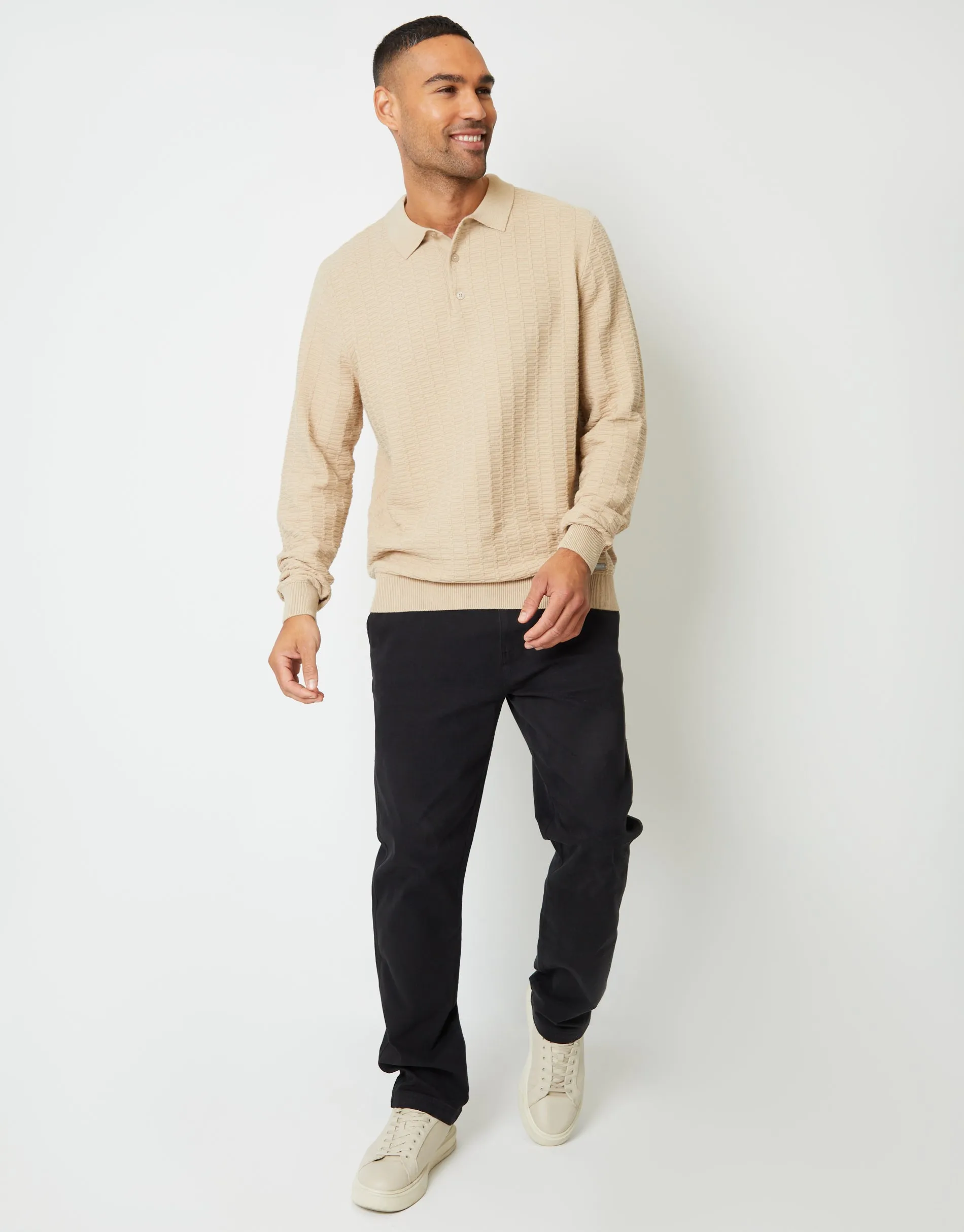 Men's Ecru Long Sleeve Textured Knitted Polo Jumper