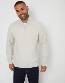 Men's Light Grey Marl Cable Knit Quarter Zip Jumper