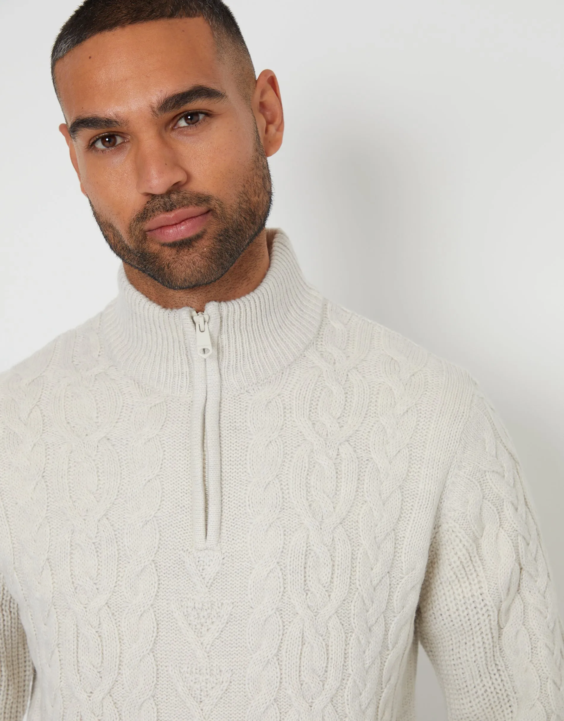 Men's Light Grey Marl Cable Knit Quarter Zip Jumper