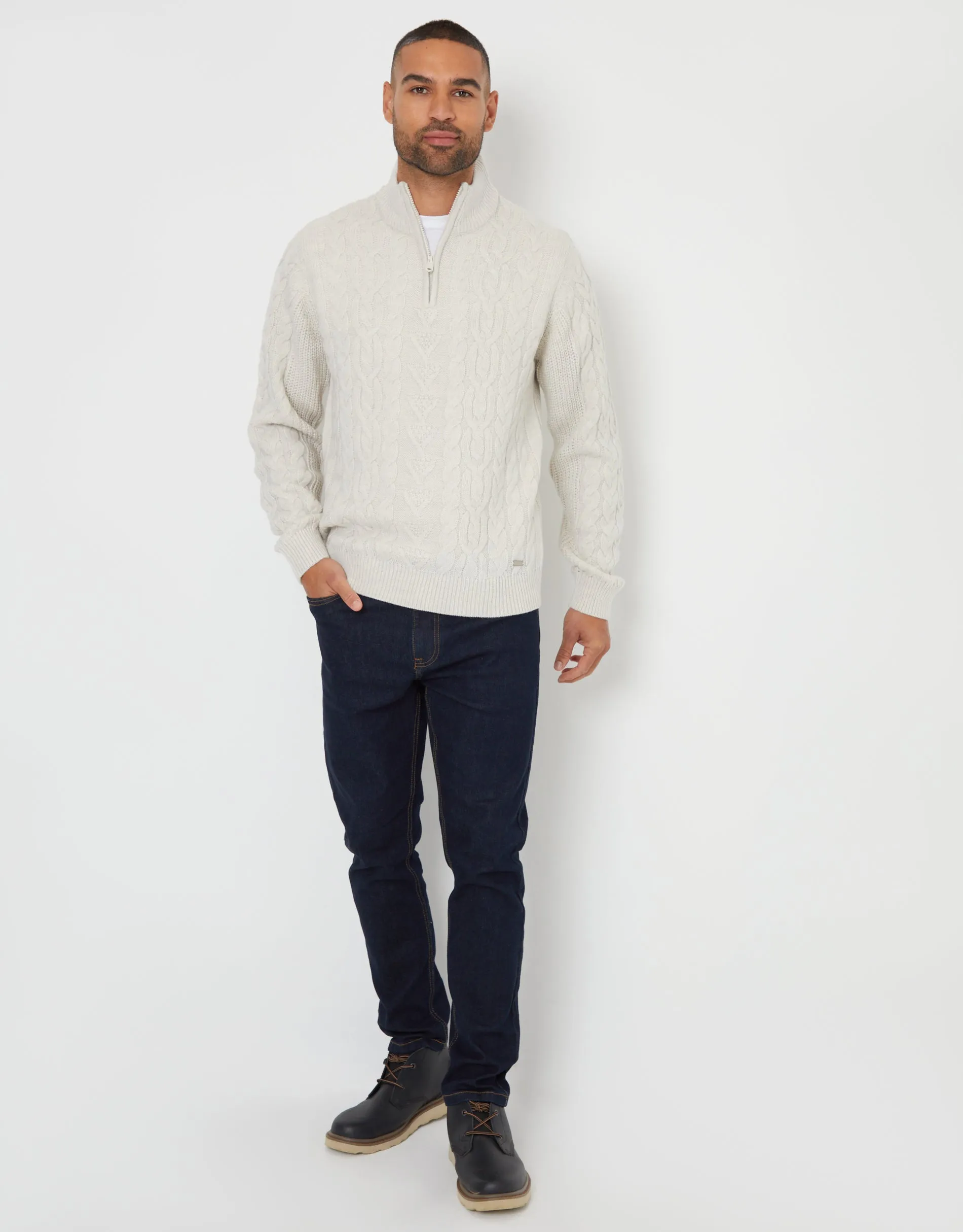 Men's Light Grey Marl Cable Knit Quarter Zip Jumper