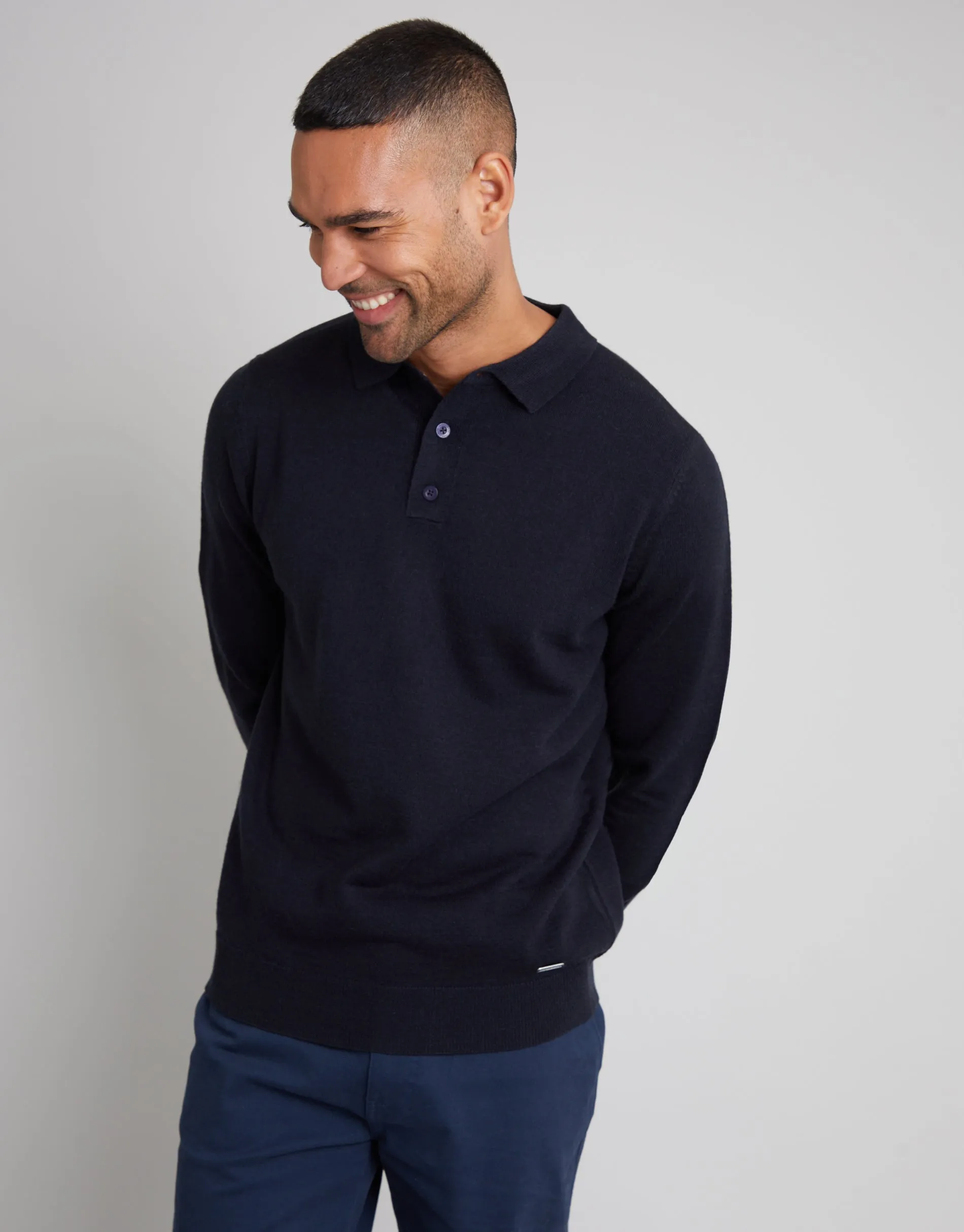 Men's Navy Long Sleeve Knitted Polo Jumper