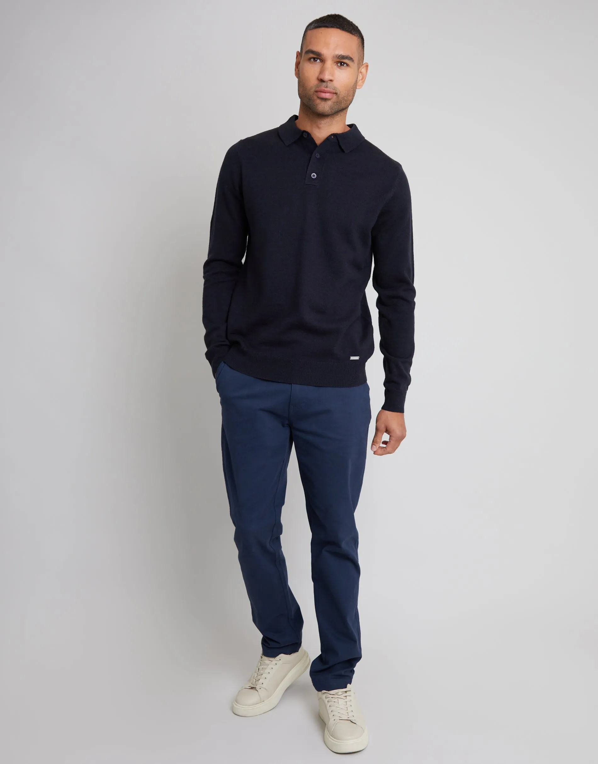 Men's Navy Long Sleeve Knitted Polo Jumper