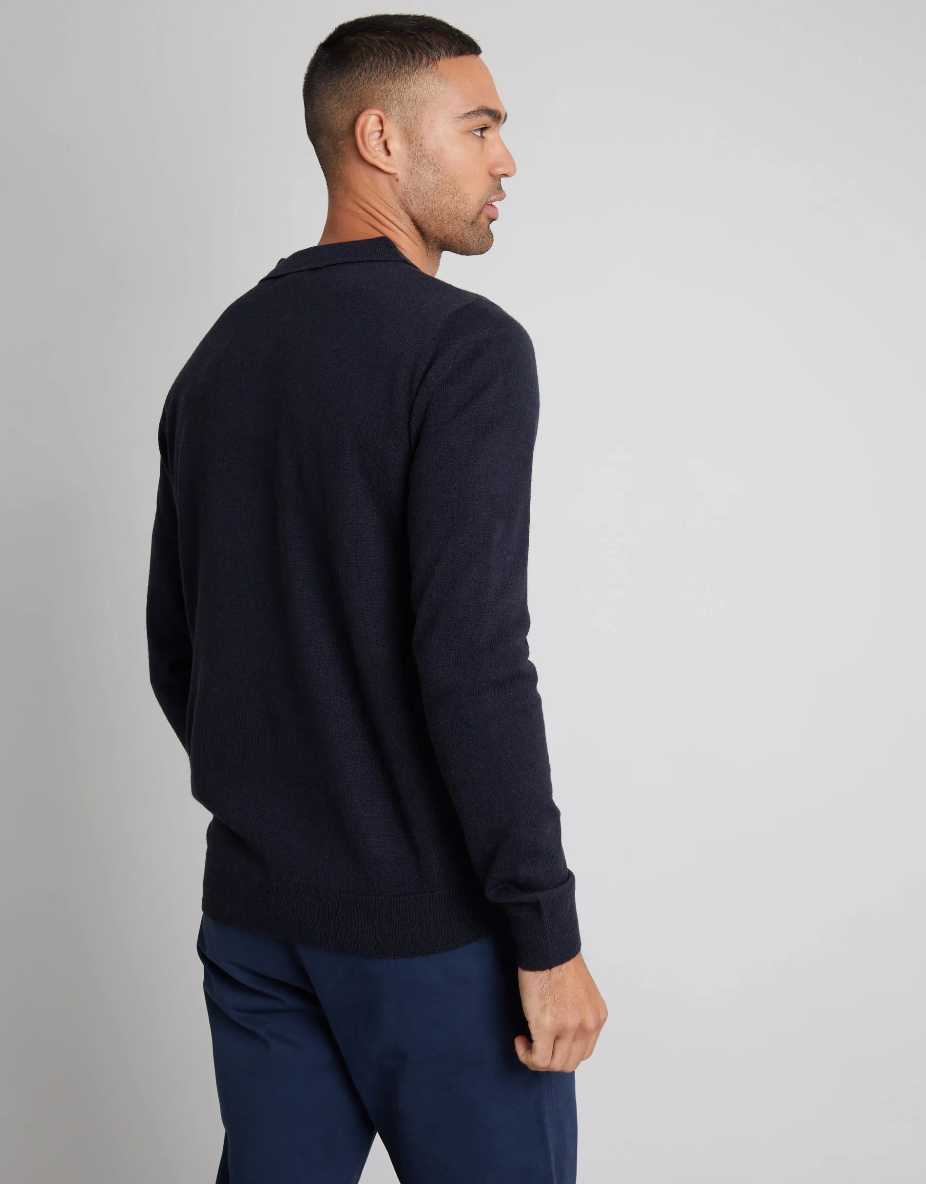 Men's Navy Long Sleeve Knitted Polo Jumper