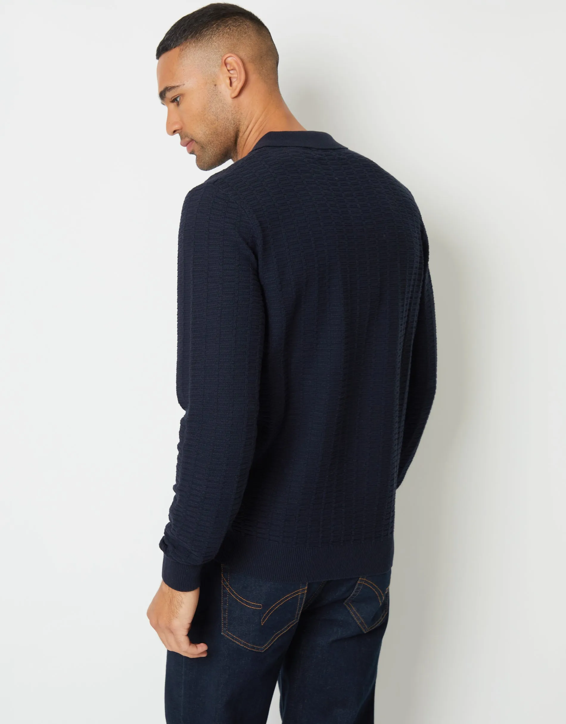 Men's Navy Long Sleeve Textured Knitted Polo Jumper