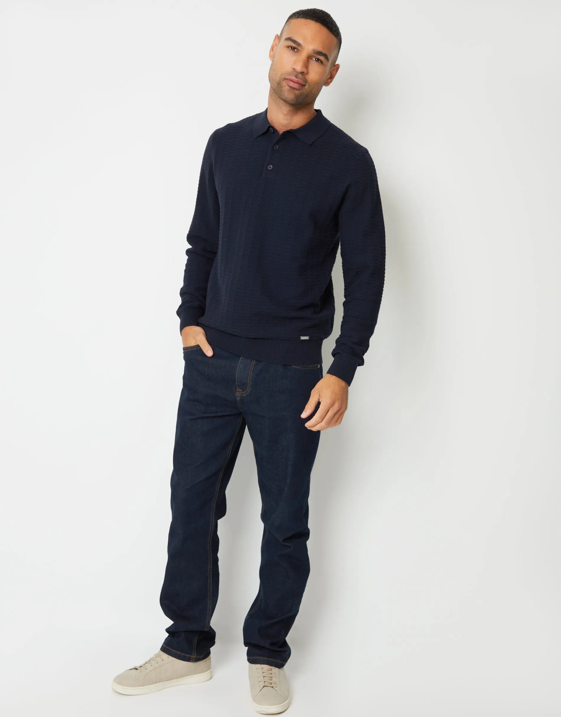 Men's Navy Long Sleeve Textured Knitted Polo Jumper