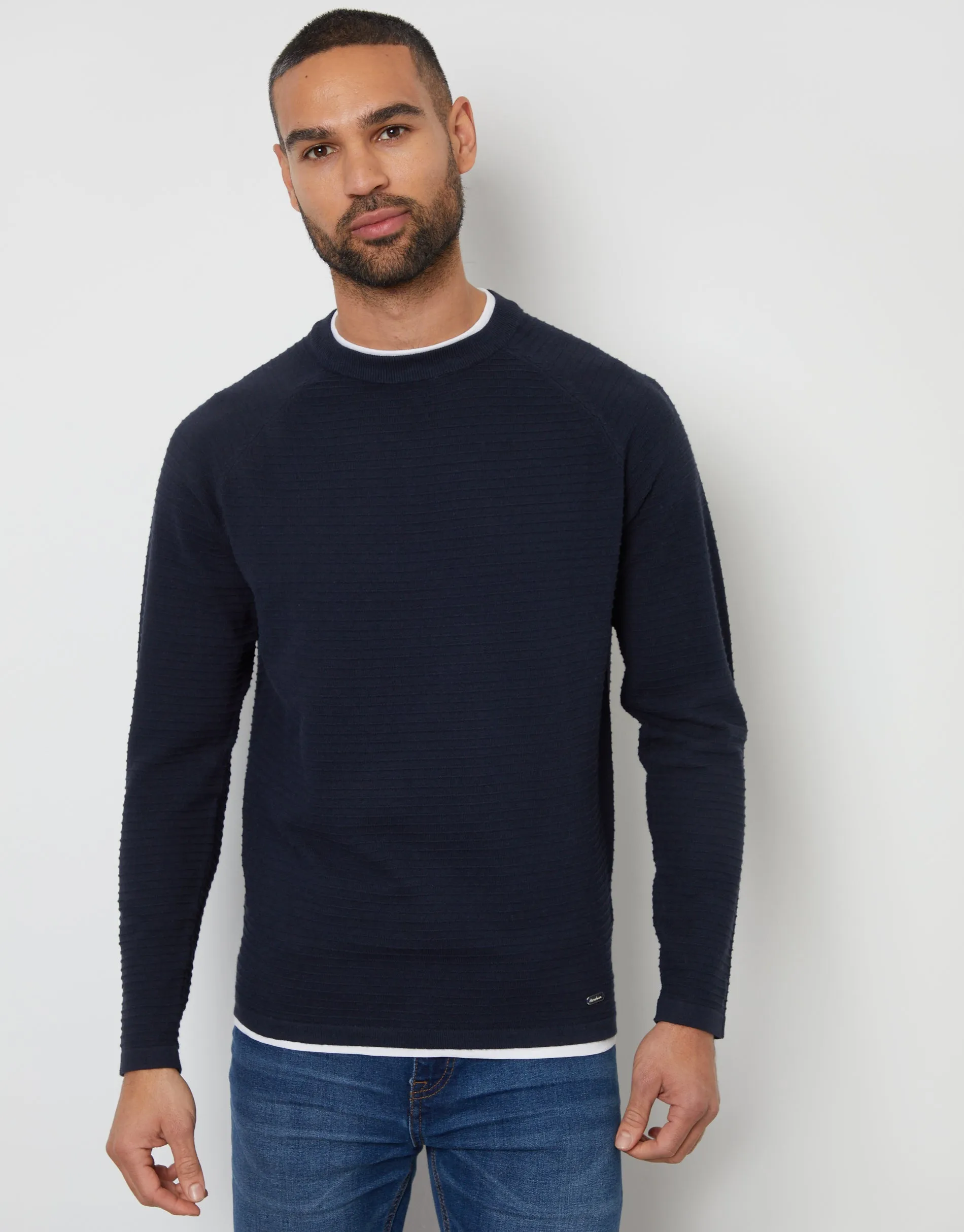 Men's Navy Textured Raglan Mock T-Shirt Crew Neck Jumper