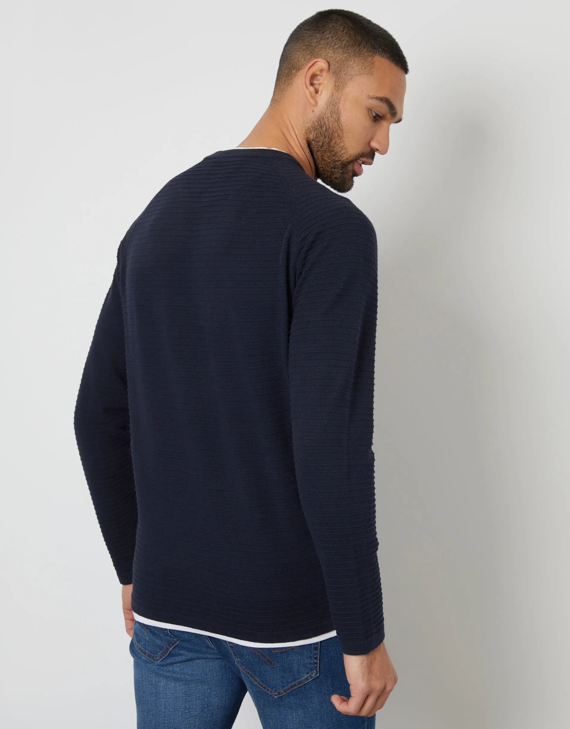 Men's Navy Textured Raglan Mock T-Shirt Crew Neck Jumper