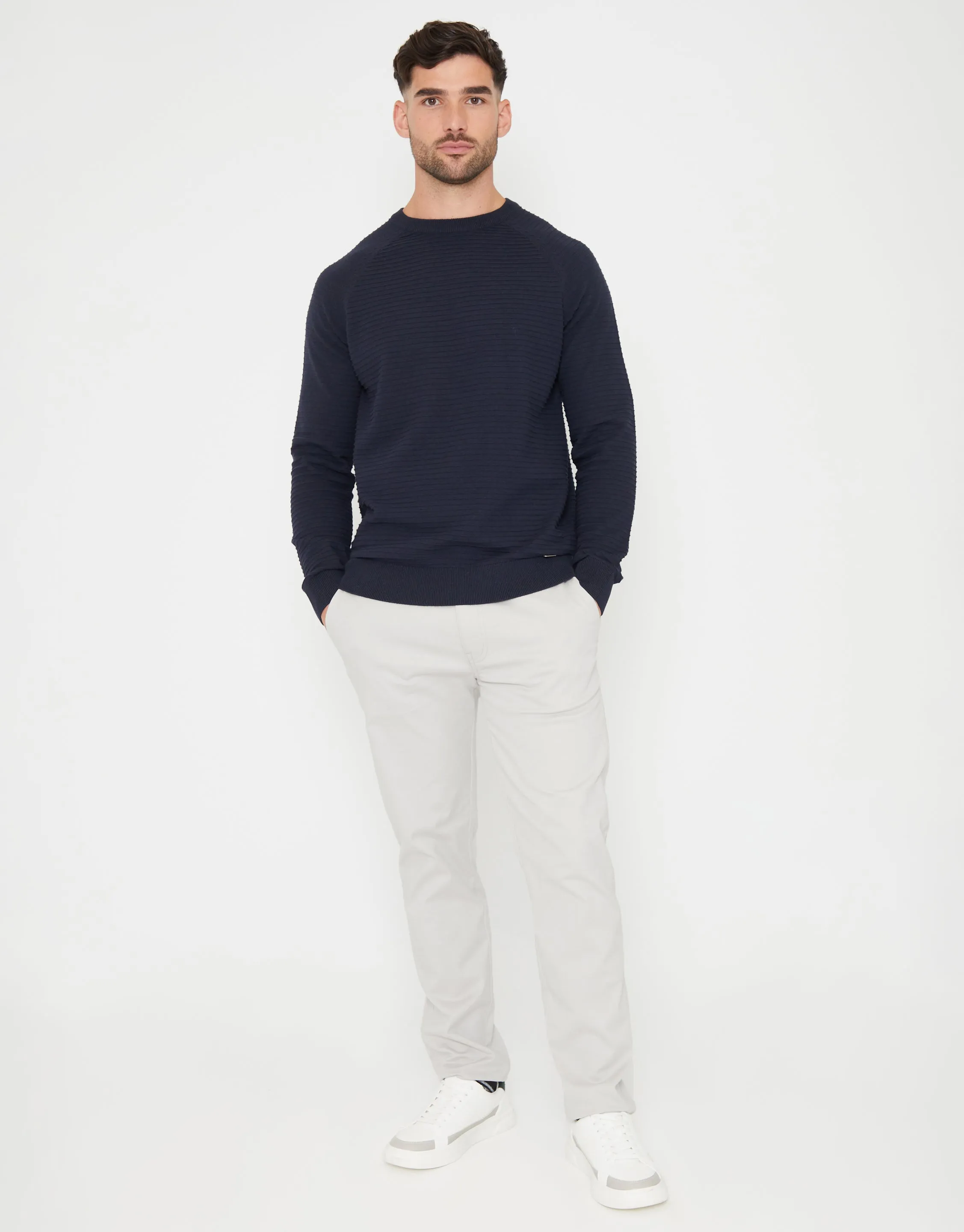 Men's Navy Textured Stripe Knitted Crew Neck Jumper