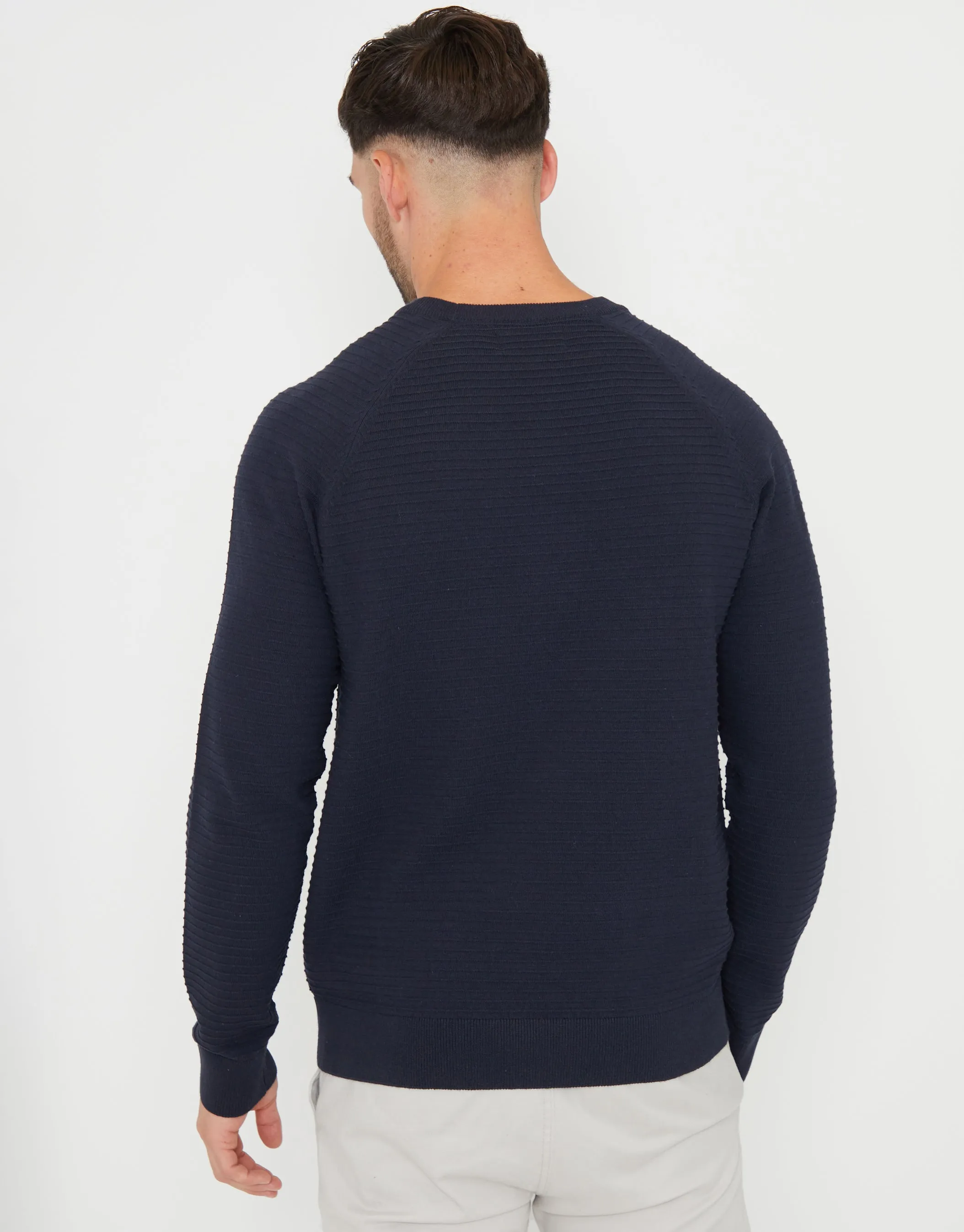 Men's Navy Textured Stripe Knitted Crew Neck Jumper