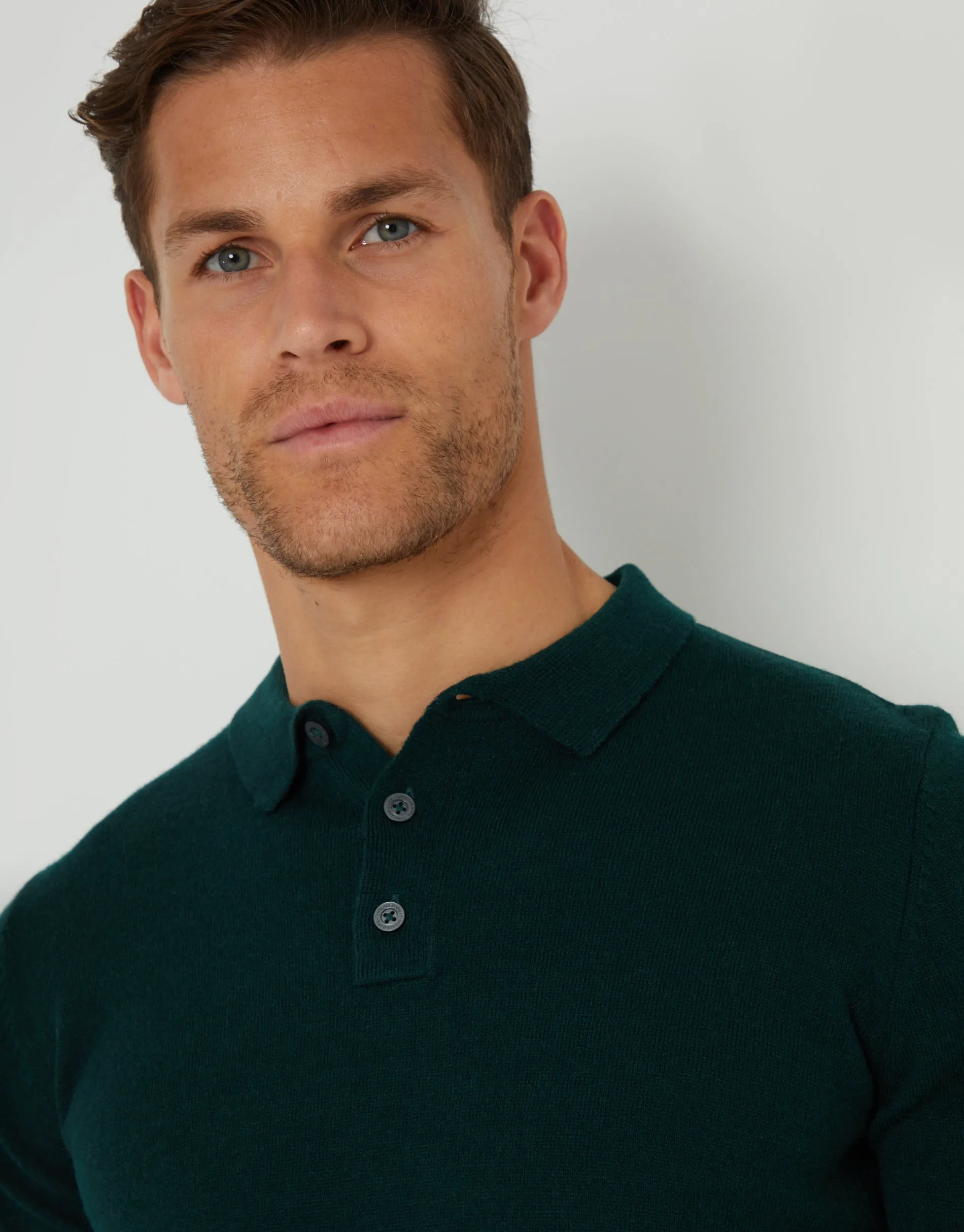 Men's Pine Green Long Sleeve Knitted Polo Jumper