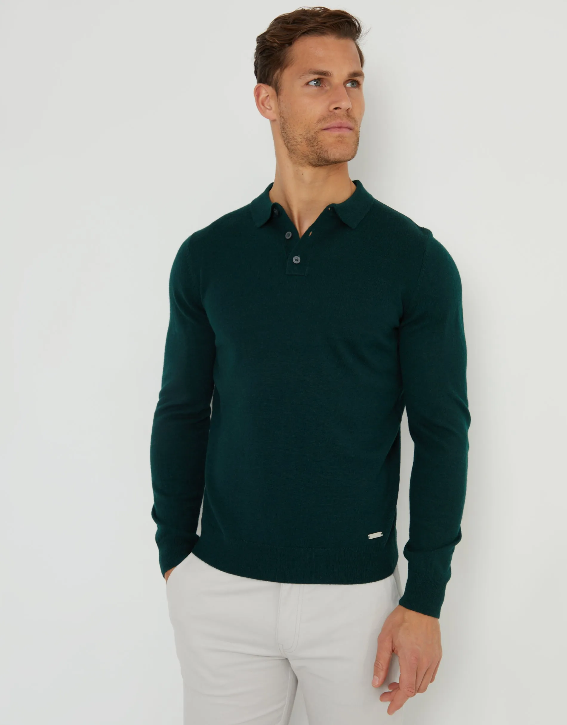 Men's Pine Green Long Sleeve Knitted Polo Jumper