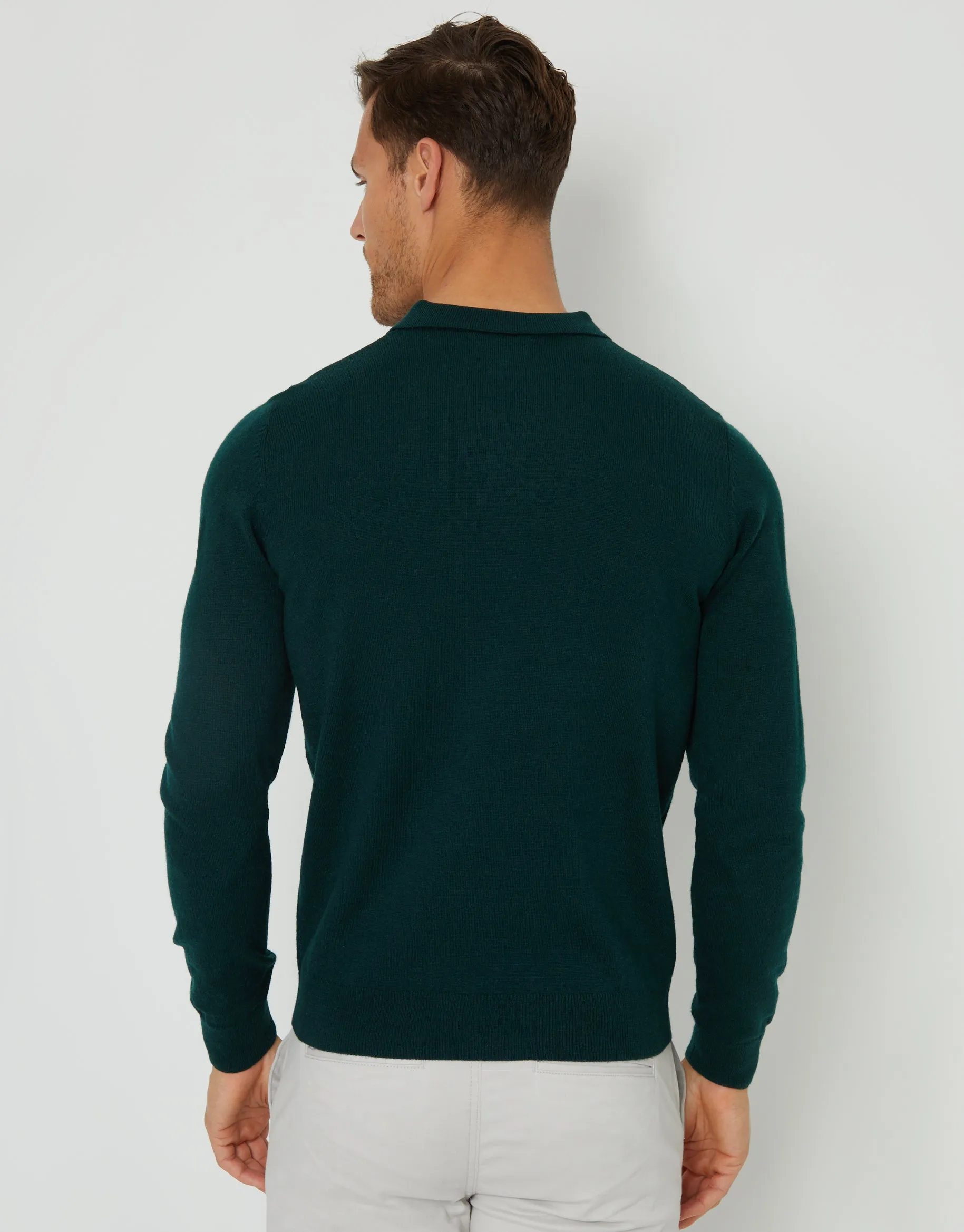 Men's Pine Green Long Sleeve Knitted Polo Jumper