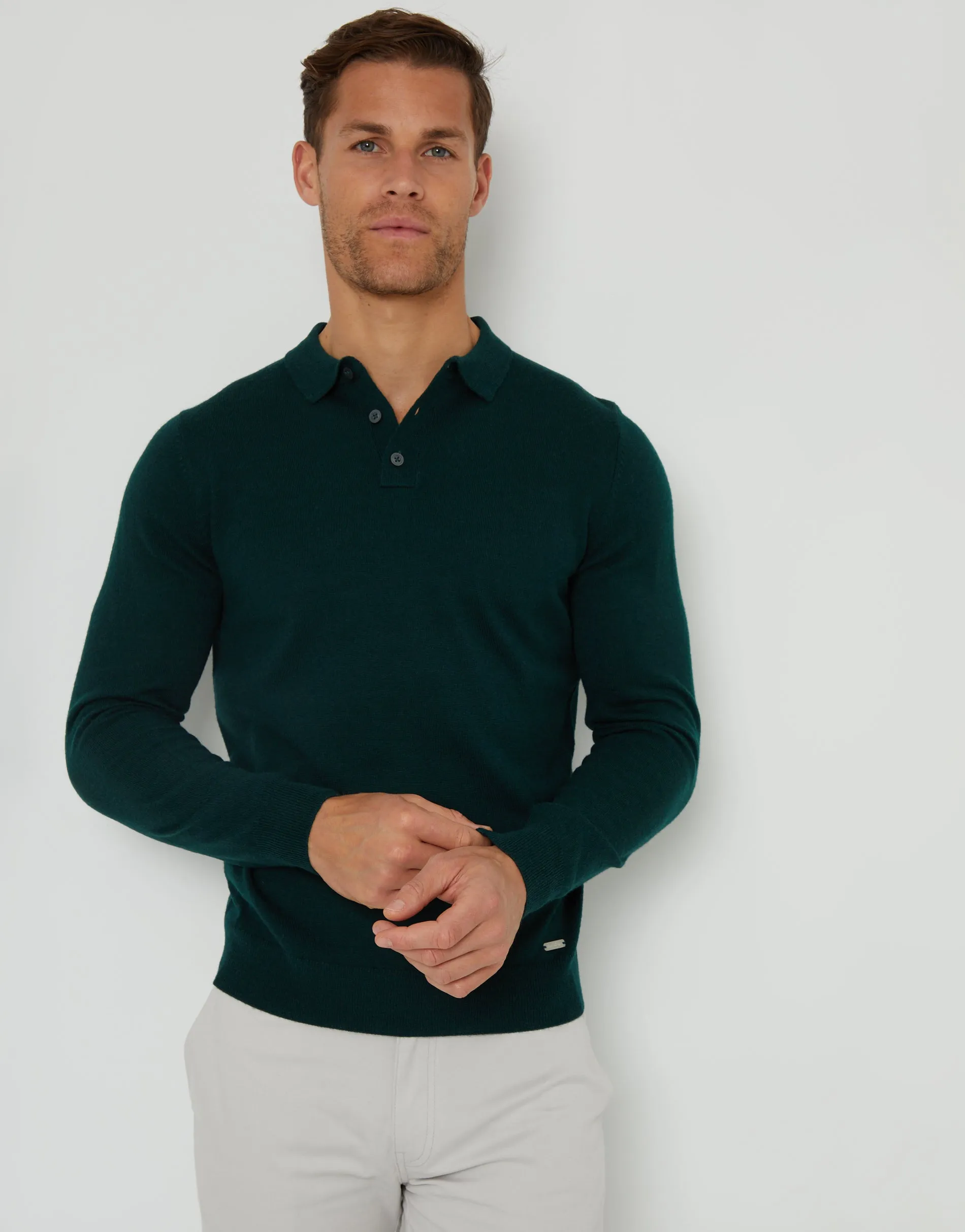 Men's Pine Green Long Sleeve Knitted Polo Jumper