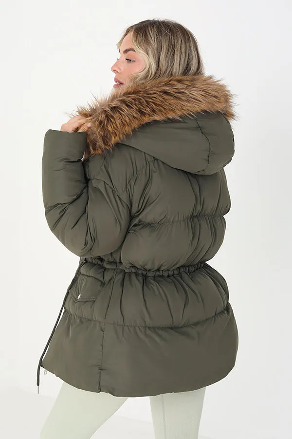 MID LENGTH PADDED PARKA WITH FAUX FUR TRIMMED HOOD