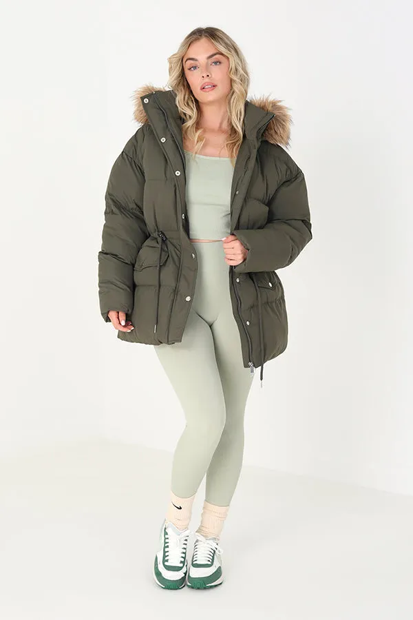 MID LENGTH PADDED PARKA WITH FAUX FUR TRIMMED HOOD