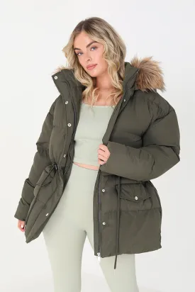 MID LENGTH PADDED PARKA WITH FAUX FUR TRIMMED HOOD