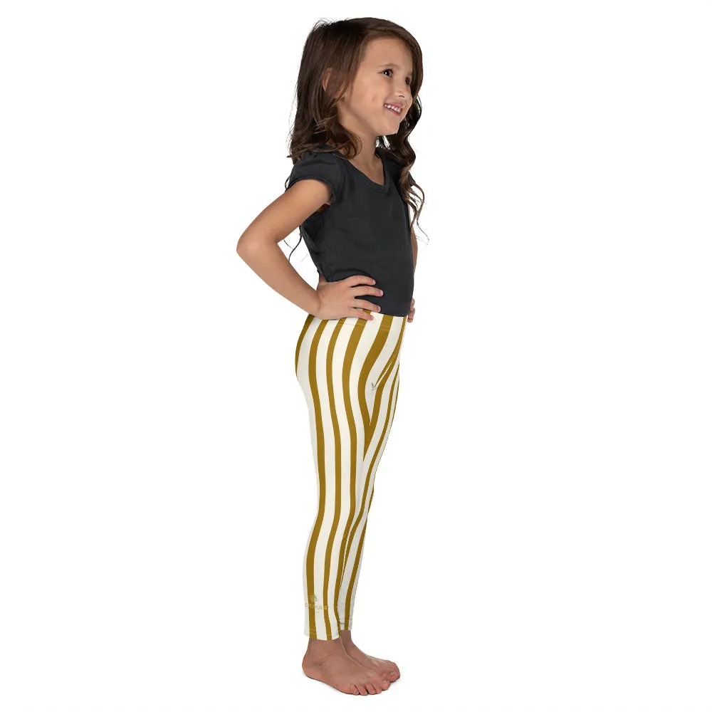 Modern Brown Vertical Stripe Print Cute Kid's Leggings Workout Pants -Made in USA/ EU