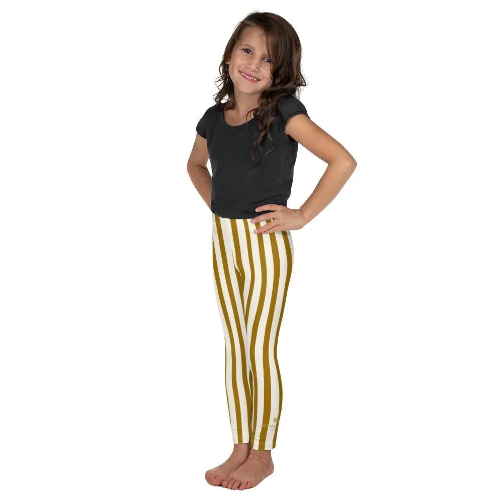 Modern Brown Vertical Stripe Print Cute Kid's Leggings Workout Pants -Made in USA/ EU