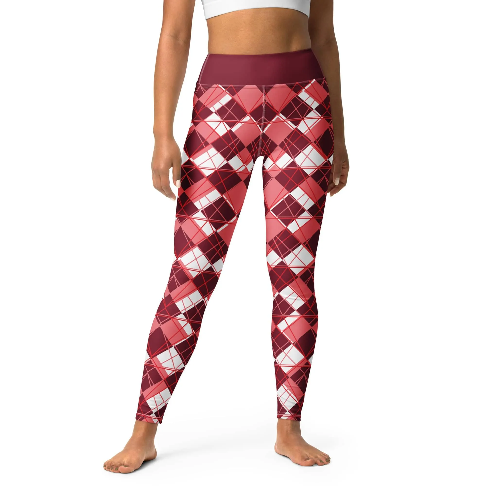 Modern Burgundy Argyle Yoga Leggings