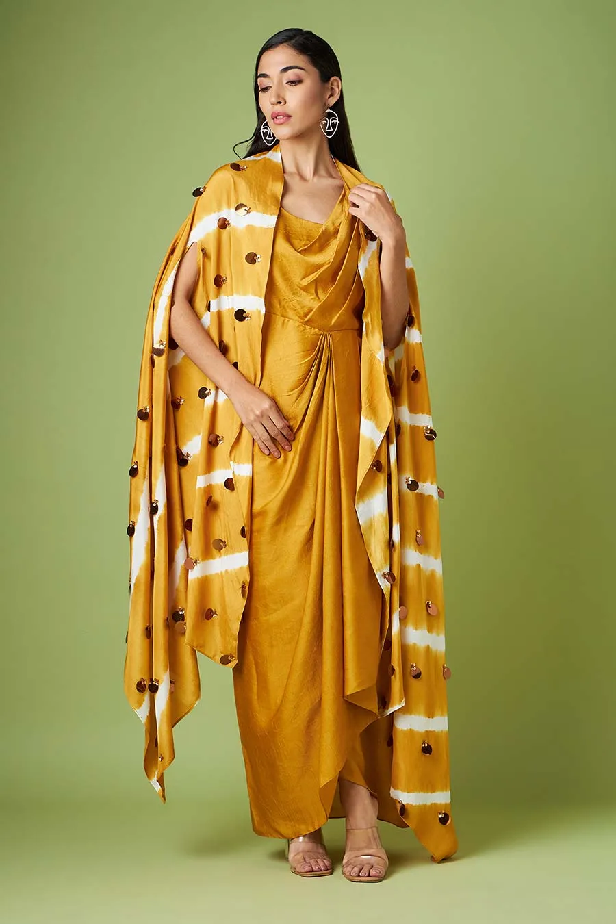 Mustard Drape Dress With Embellished Cape