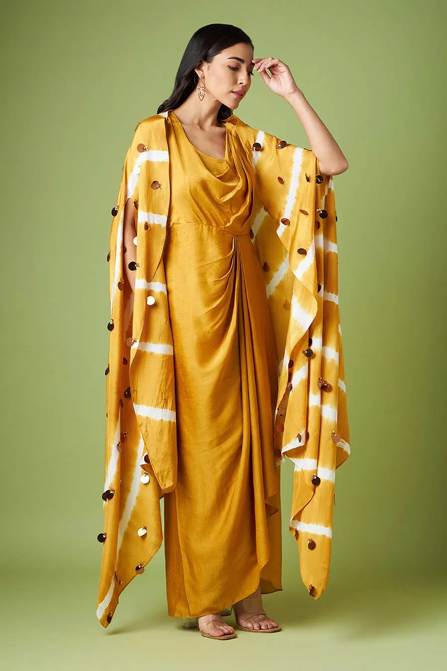 Mustard Drape Dress With Embellished Cape