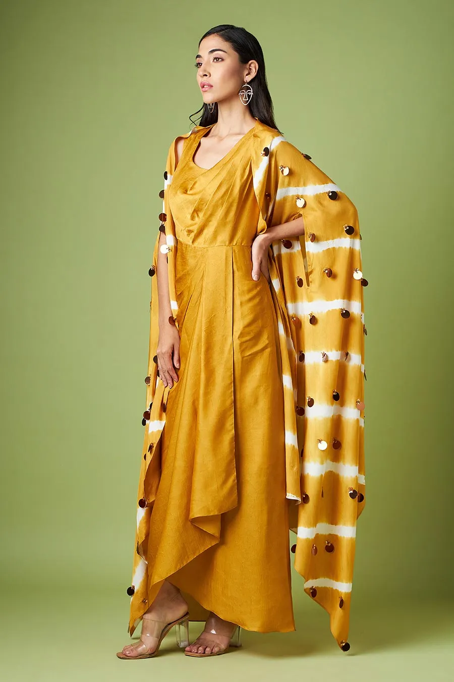 Mustard Drape Dress With Embellished Cape