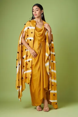 Mustard Drape Dress With Embellished Cape