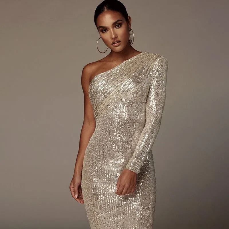 One Shoulder Draped Collar Bodycon Sequin Dress