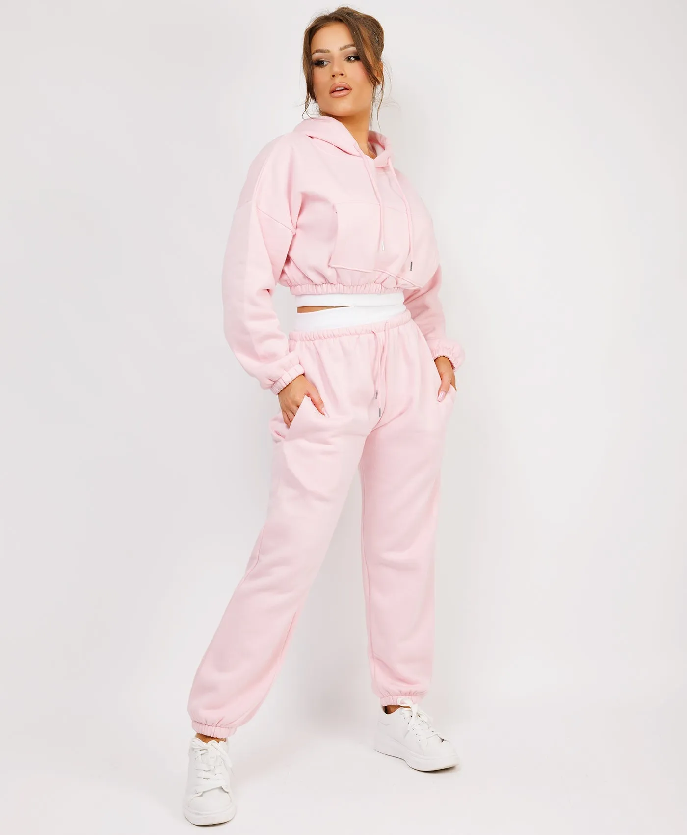 Pink Ribbed Hem Cropped Hoodie And Joggers Tracksuit