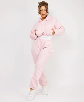 Pink Ribbed Hem Cropped Hoodie And Joggers Tracksuit