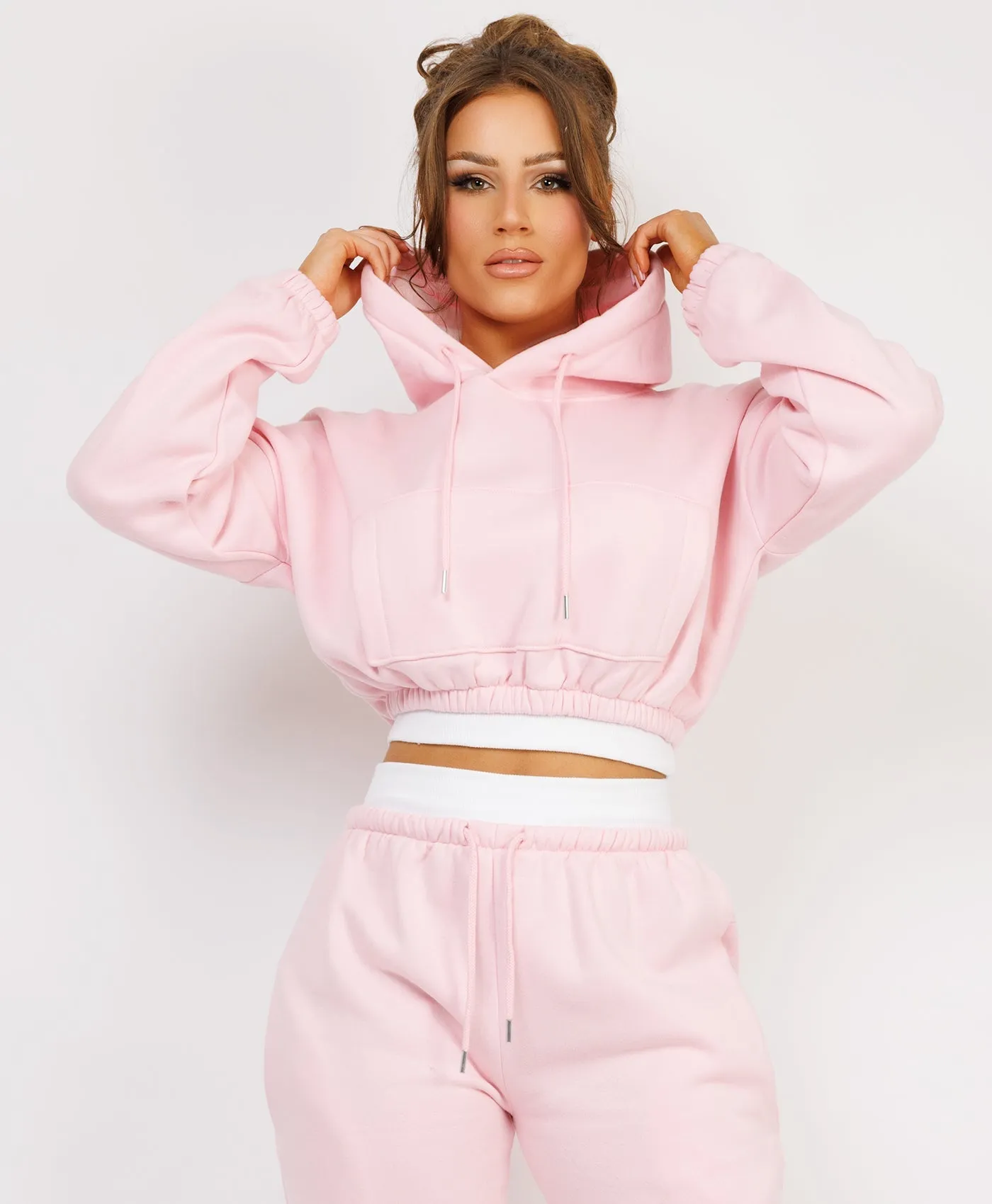 Pink Ribbed Hem Cropped Hoodie And Joggers Tracksuit