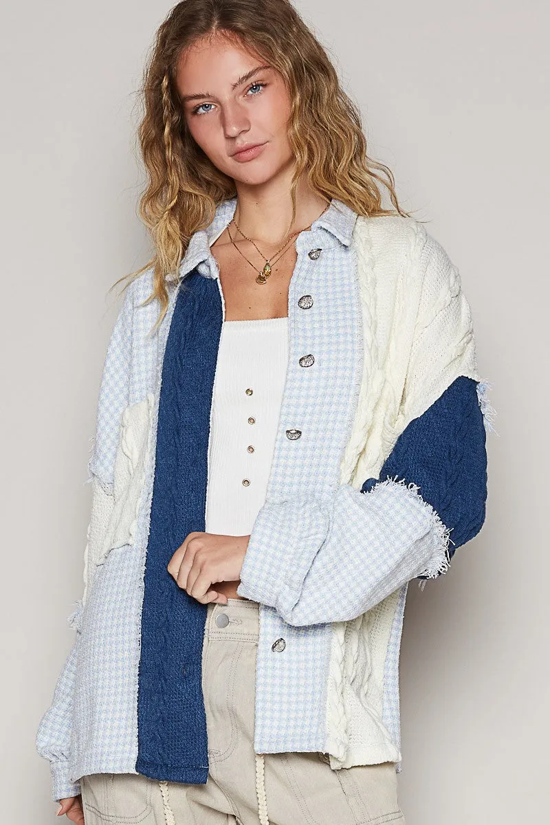 POL Houndstooth Panel Shacket in Sky Cream Multi