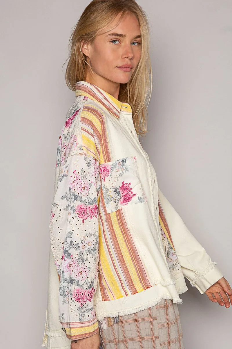 POL Oversized Contrasting Fabric Shacket in Cornsilk Multi