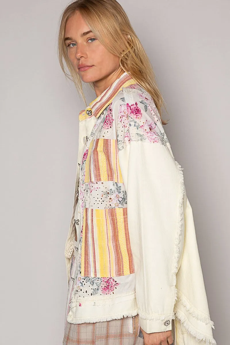 POL Oversized Contrasting Fabric Shacket in Cornsilk Multi