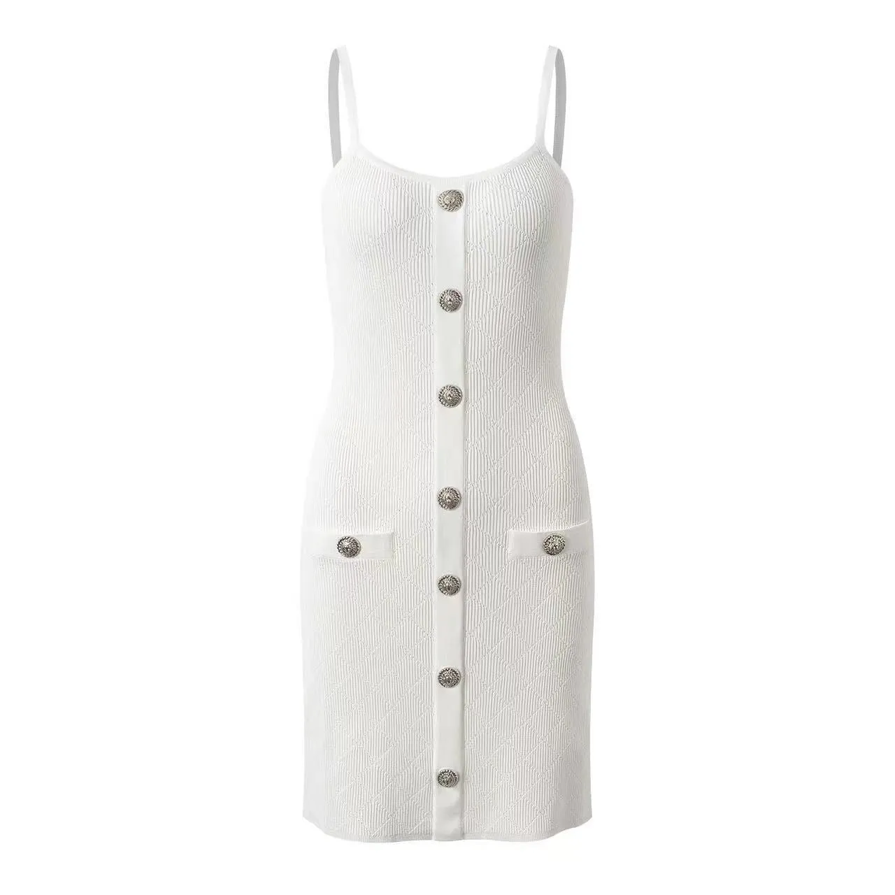 Pre Order:  Knitted False Pocket Buttoned Camisole Dress