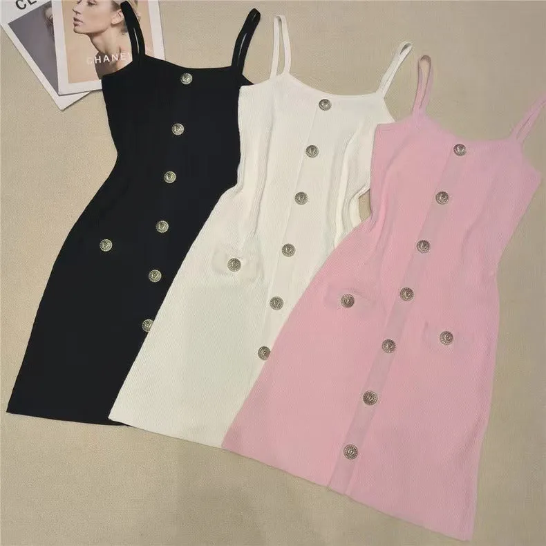 Pre Order:  Knitted False Pocket Buttoned Camisole Dress